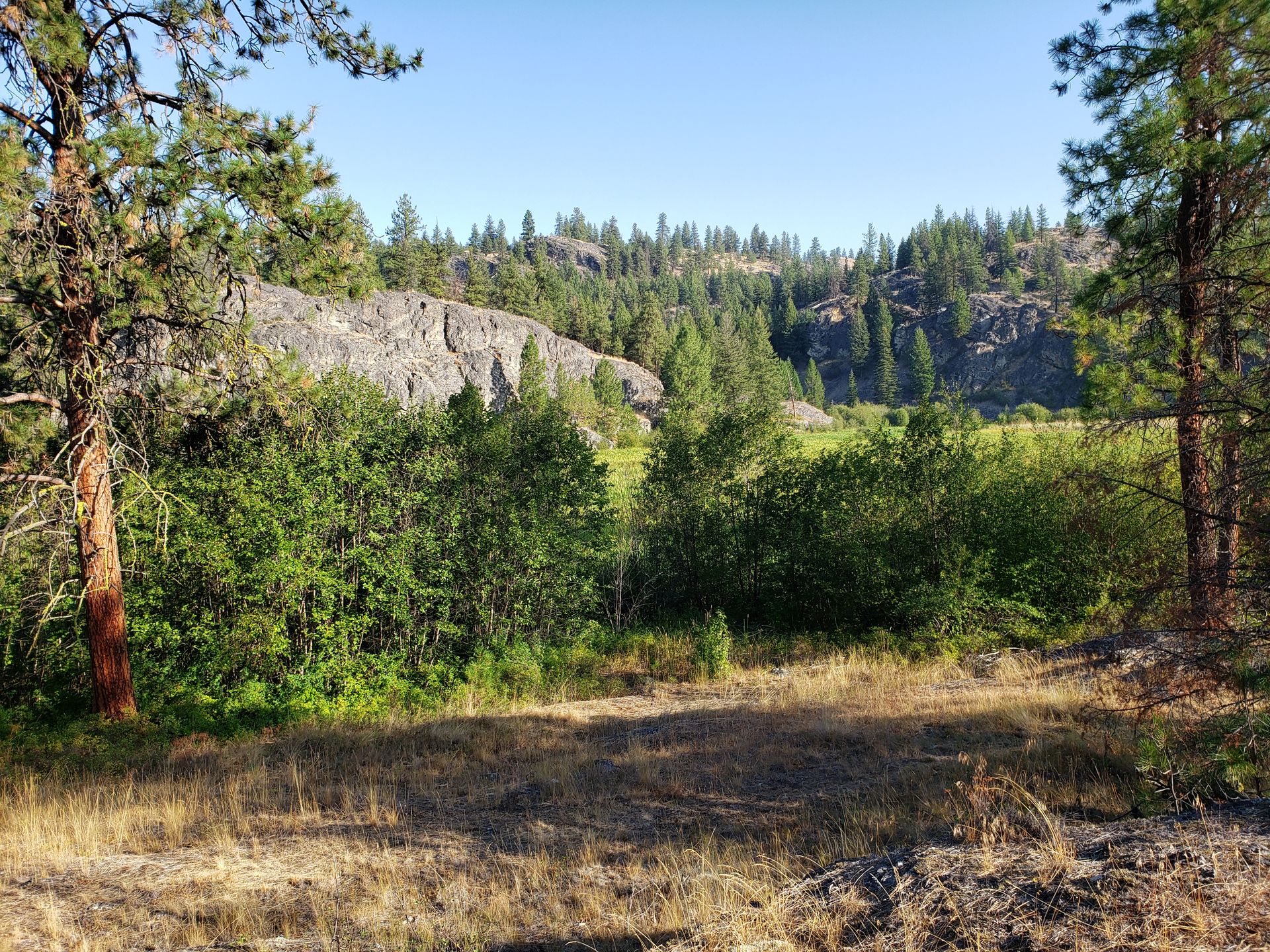 Granite outcrop rising from meadow grass in Aeneas Valley, showing exposed bedrock geology