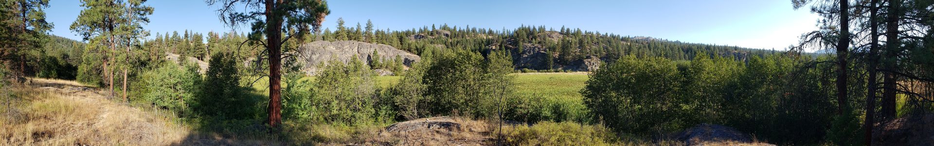 Rock outcrop with meadow panorama in the Okanogan Highlands, hiking terrain near Aeneas Valley